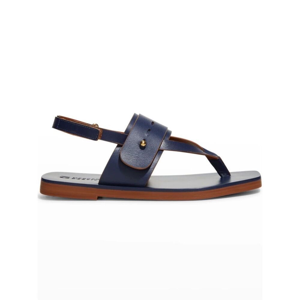Mercedes Castillo Adria thong slingback sandal Navy leather with gold-tone stud